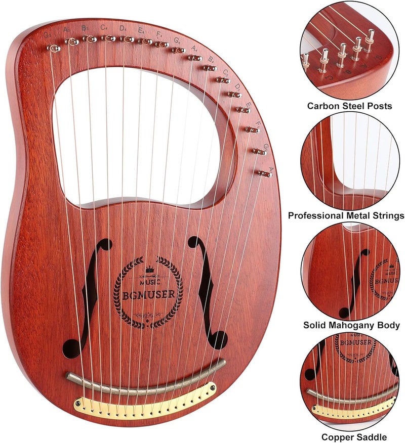 BGMUSER Lyre Harp 16 Metal Strings,Mahogany Body and Copper Saddle,Professional Mini Harp Instrument Gift with Bag,Tuning Wrench,Spare Strings - Image 2